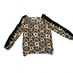 Y2K Sunflower floral top by Wrangler lace sleeves Cottagecore Western aesthetic